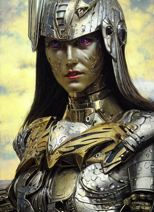 Image similar to biblical diabolical beautiful female valkyree android, slick metal plastic armor, jump, heavy eyes to the side, closeup, bright glowing eyes, in clouds, rain, sunset, portrait, by gerald brom, by mikhail vrubel, by peter elson, muted colors, extreme detail, reflections, trending on artstation, 8 k
