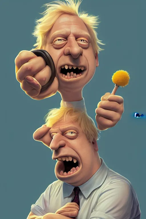 Image similar to Boris Johnson as a Simpsons character, realistic portrait, symmetrical, highly detailed, digital painting, artstation, concept art, smooth, sharp focus, illustration, cinematic lighting, art by artgerm and greg rutkowski and alphonse mucha