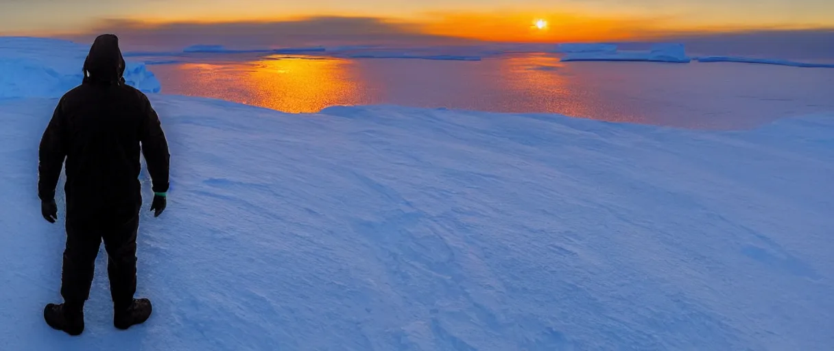 Image similar to a high quality color extreme closeup depth of field creepy hd 4 k film 3 5 mm photograph of the faint barely visible silhouette of a bulky man standing on the edge of a vista overlooking mcmurdoch station in antarctica at the beginning of sunset