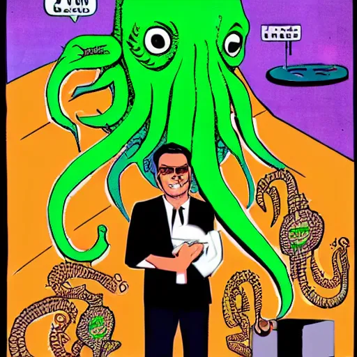 Image similar to Cthulhu as a modern day business man with a family and a drug and gambling addiction, psychedelic , 50s style infomercial , award winning , retro futuristic