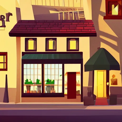 Image similar to beautiful cute cozy very little cafe on a cobblestone street, golden morning light, low poly, simple cartoon