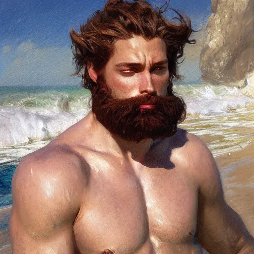 Image similar to detailed cinematic wide shot of muscular attractive young man beard slim face symettrical face clean skin blue eyes white hair wearing sea clothes, ultra realistic, spring light, painting by gaston bussiere, craig mullins, j. c. leyendecker