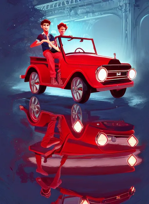 Image similar to teenage archie andrews, in a red ford model t, intricate, elegant, glowing lights, highly detailed, digital painting, artstation, sharp focus, illustration, art by wlop, mars ravelo and greg rutkowski