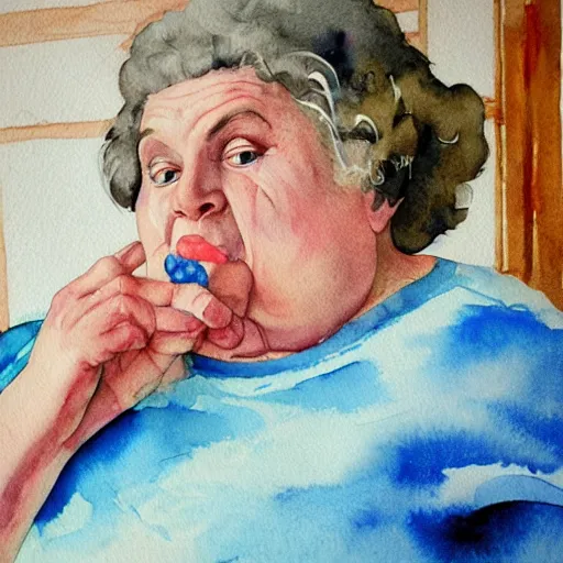 Image similar to a very funny comic style watercolor painting of a sweet fat old woman kissing her reflection. symmetrical face, red mouth, blue eyes. a flowered dress. a hyper - realistic scene. 3 d, octane processing, deep focus, white scene. a very funny and sweet picture. unreal engine. watercolor. fellini cinematic style. poster quality. freud painting style.