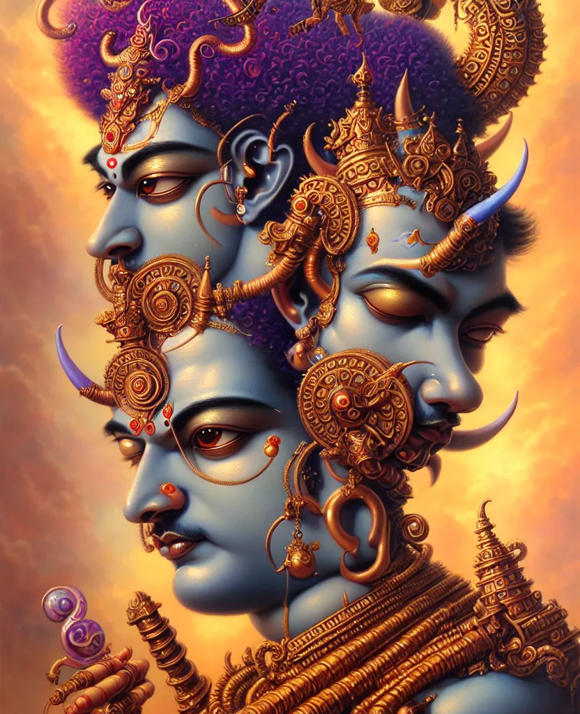 Prompt: beautiful hindu god romantic krishna fantasy character portrait, close - up, headshot, ultra realistic, intricate details, the fifth element artifacts, highly detailed by peter mohrbacher, hajime sorayama, wayne barlowe, boris vallejo, aaron horkey, gaston bussiere, craig mullins