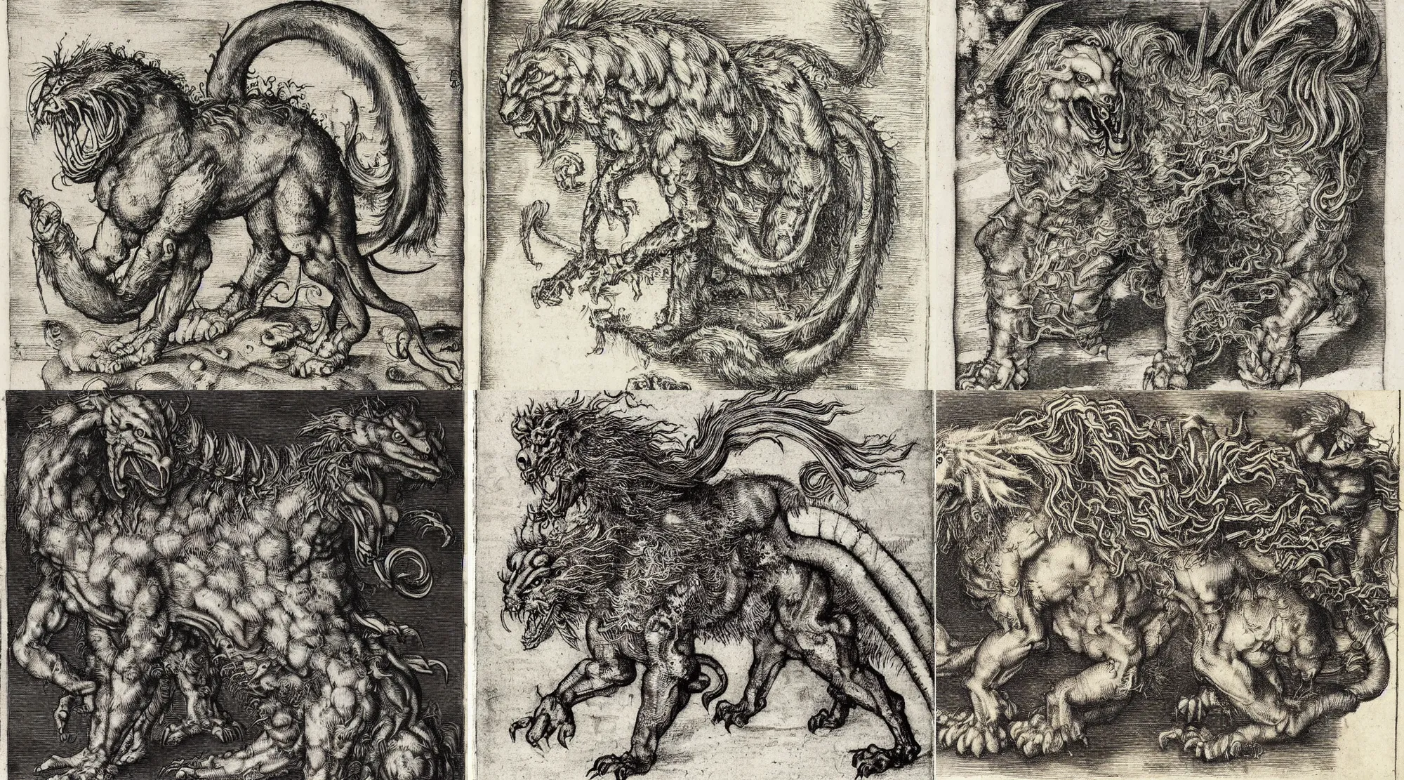 Prompt: an etching of a manticore by albrecht durer, medieval bestiary, highly detailed, lithograph