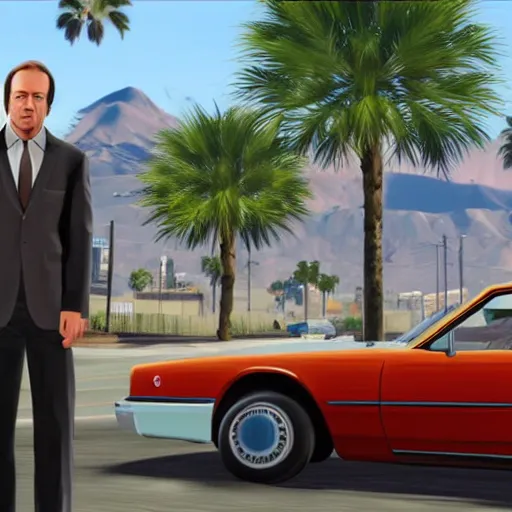 Image similar to Saul Goodman in GTA V . Los Santos in the background, palm trees. In the art style of Stephen Bliss.