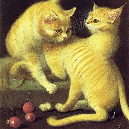 Image similar to two yellow cats hug each other ， rococo, 1 7 3 0, late baroque, antoine watteau