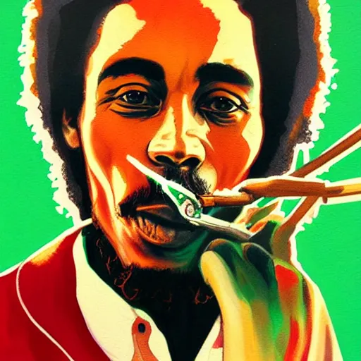 Prompt: Bob Marley smoking portrait, very detailed, large white border, hd, high resolution print :1 Red, Gold and Green Tones by Sachin Teng, trending on deviant art :1