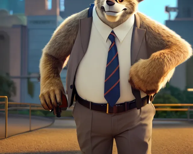 Image similar to a film still from zootopia main character portrait anthro anthropomorphic wolf security guard head animal person fursona wearing suit and tie pixar disney animation sharp rendered in unreal engine 5 anime key art by greg rutkowski bloom dramatic lighting modeling beginner render