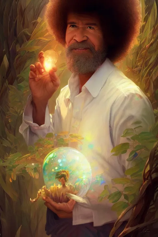 Image similar to bob ross, dreamy and ethereal,, fantasy, intricate, elegant, rainbow bubbles, highly detailed, digital painting, artstation, concept art, smooth, sharp focus, illustration, art by artgerm and greg rutkowski and alphonse mucha