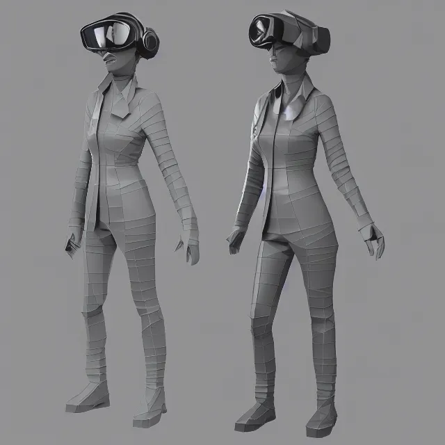 Image similar to Low poly clay render of a cyberpunk lady pilot