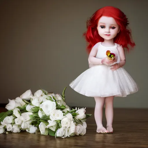 Image similar to portrait, cute teen girl with red hair dressed in white baby doll dress smiling, wearing natural makeup, holding a bouquet of roses in her hands, ultrarealistic, hyperrealism, cinematic, intricate detail, 3D rendered, photo realistic, clean detail, octane rendering, vray, unreal engine 5, 8k