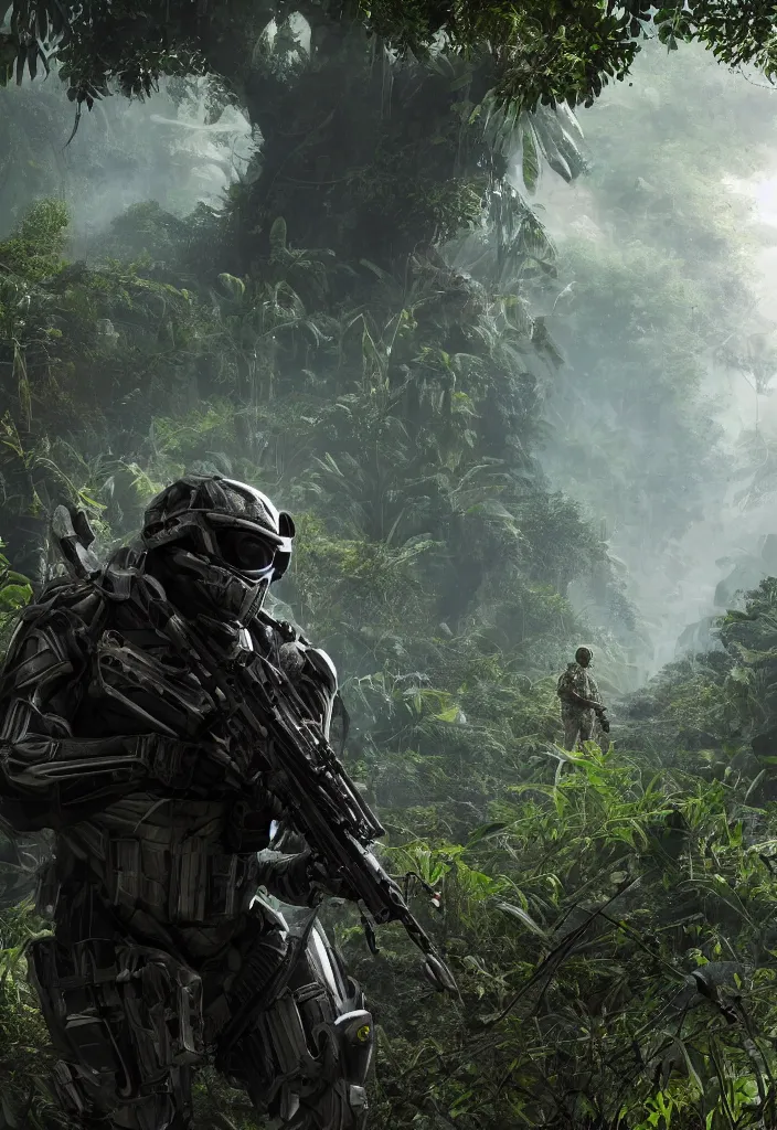 Prompt: soldier wearing a Nanosuit from Crysis is looking at the jungle in the Vietnam war, dynamic composition, cinematic lighting, warm and vibrant colors, art by Sam Weber and Michael C Hayes, 8k, trending on artstation, hyper detailed, cinematic