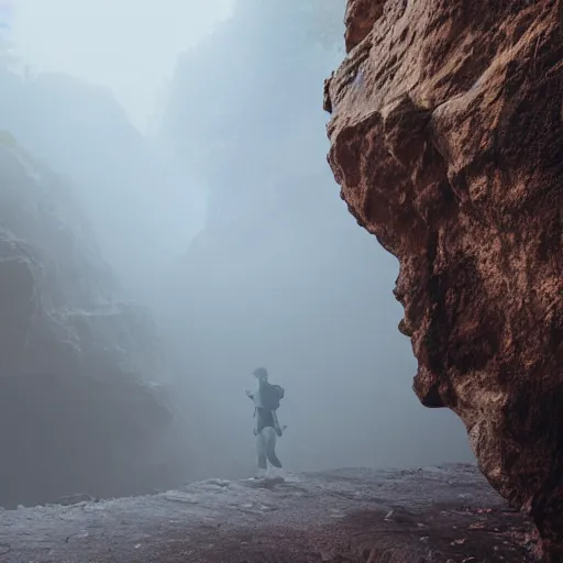 Image similar to a man walks across a bridge that traverses a deep mist-filled canyon. Volumetric lighting, dusk