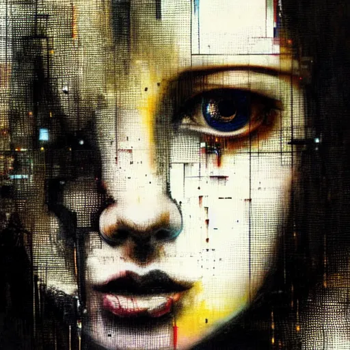 Prompt: portrait of a hooded beautiful women, mysterious, glitch effects over the eyes, crying, by Guy Denning, by Johannes Itten, by Russ Mills, innocent, hacking effects, cyberpunk, oil on canvas, concept art, abstract