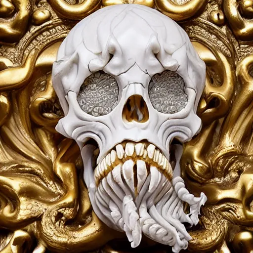 Image similar to Baroque intricately detailed marble cthulhu skull sculpture, with rococo gold details, sculpted by Bernini