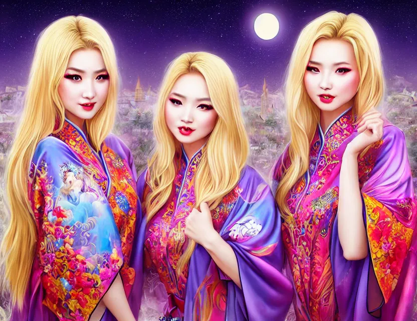 Image similar to two beautiful alluring blonde uighur girls wear fantasy kimono in festival | | sunny night, full moon, dreamlike art, realistic shaded, smile, good looking, hyper details, 4 k realistic, cryengine, realistic shaded lighting poster by artgerm, ross tran, fuji choko, 8 k resolution, trending on artstation, luxury