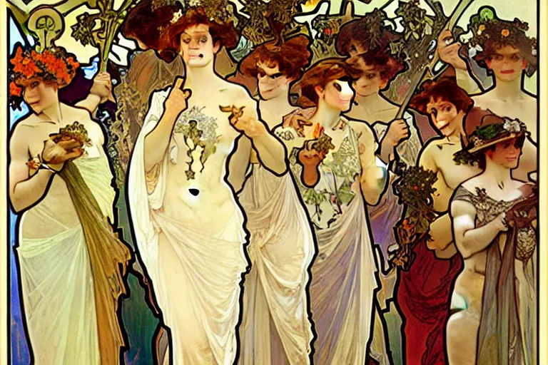 Image similar to Alphonse Mucha painting crowded figures