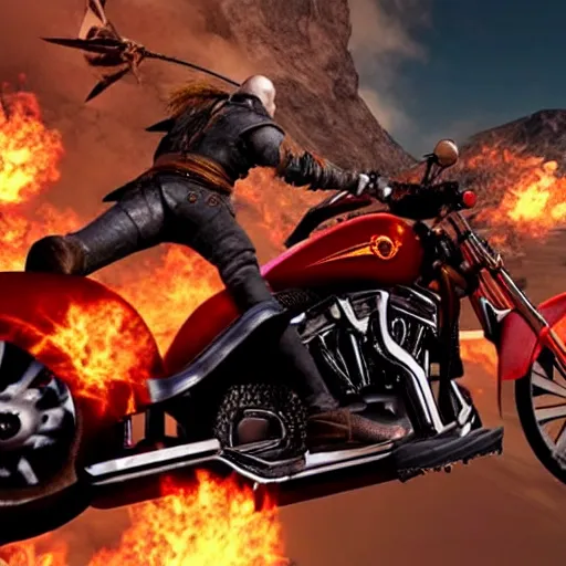 Prompt: kratos riding a black harley - davidson motorcycle off a cliff, cinematic render, playstation studios official media, god of war 2 0 1 8, flames, centered