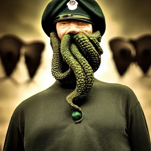 Image similar to professional photo of cthulhu - man in military beret