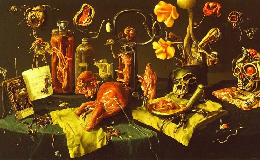 Image similar to disturbing colorful oil painting dark background dutch golden age vanitas still life weird flowers beautiful composition with bizarre objects strange gooey transparent surfaces shiny metal reflections bizarre mutant meat insects rachel ruysch dali todd schorr very detailed perfect composition rule of thirds masterpiece canon 5 0 mm, cinematic lighting, photography, retro, film, kodachrome