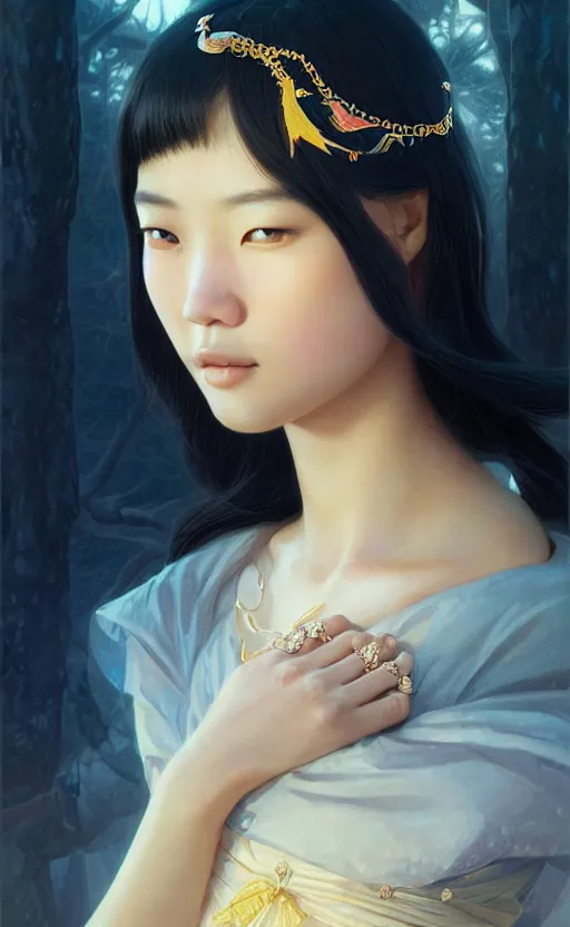 Image similar to a beautiful young charming asian goddess with sundress + jewelry + shinny eyes | | winter, symmetric, realistic shaded, unpleasant face, good looking, fine details, dior, lv, realistic shaded lighting poster by greg rutkowski, macoto takahashi, magali villeneuve, artgerm, jeremy lipkin and michael garmash