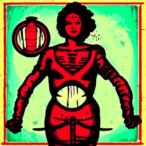 Image similar to zazie beets as the vitruvian man. pop art, bioshock style, fallout style.