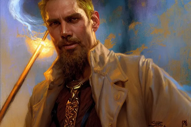 Prompt: male wizard, painting by gaston bussiere, craig mullins, j. c. leyendecker, tom of finland