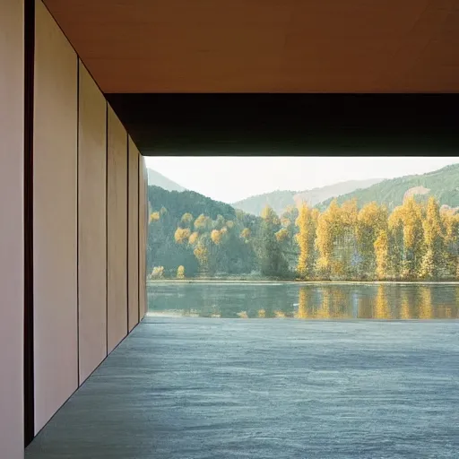 Image similar to a house by the river designed by peter zumthor