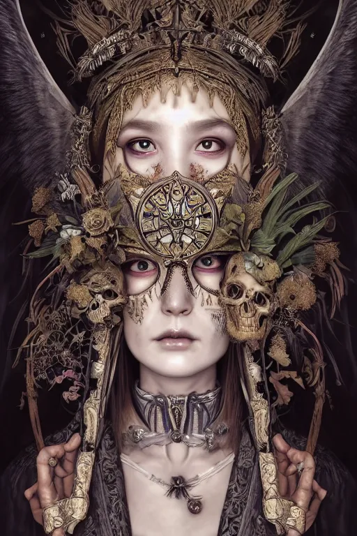 Image similar to A masterpiece ultrarealistic portrait of a Irristible angel princess tribal-shaman-knight-witch-ghost with Skull Iron mask. baroque renaissance girl in the night forest. medium shot, intricate, elegant, highly detailed. trending on artstation, digital art, by Stanley Artgerm Lau, WLOP, Rossdraws, James Jean, Andrei Riabovitchev, Marc Simonetti, Yoshitaka Amano. background by James Jean and Gustav Klimt, light by Julie Bell, 4k, porcelain skin.