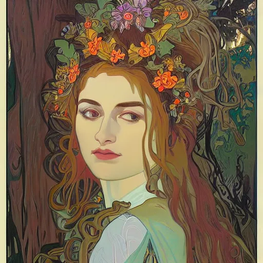 Image similar to portrait of a strange, gorgeous and mystical woman in the woods, trees in the background, evening lighting, 4k, detailed, in the style of Alphonse Mucha