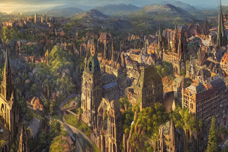 Image similar to an ultra detailed matte landscape painting of an german renaissance capital city built into the side of a mountain with many tall spirally towers, sweeping vista, german renaissance architecture, ultrawide lens, aerial photography, 8 k, volumetric lighting, smooth, highly detailed, digital illustration, art by greg rutkowski and akira toriyama and artgerm