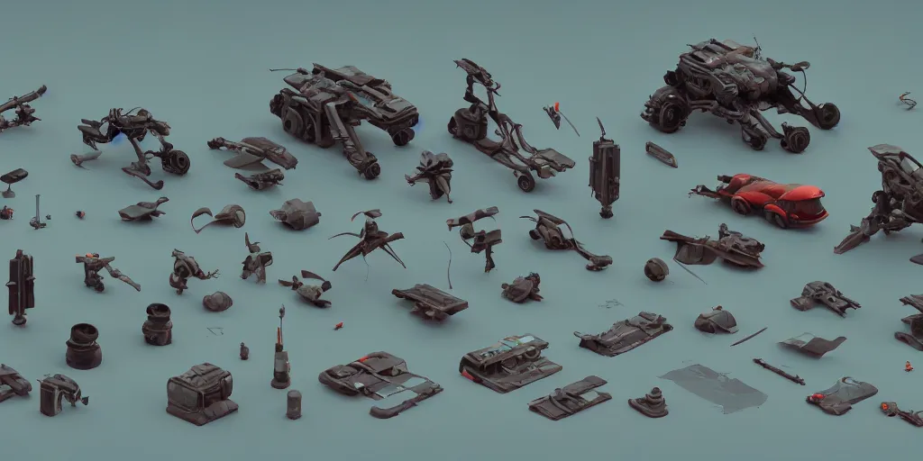 Prompt: collection of exploration of form and shapes, props, hard surface, panel, simon stalenhag, kitbash, items, gadget, big medium small, close up