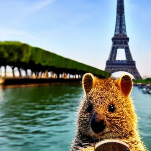 Image similar to a quokka taking a selfie in front of the eiffel tower, photorealistic