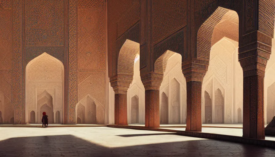 Image similar to the inside of a monument with mughal motifs, by tim blandin and arthur haas and bruce pennington and john schoenherr, big windows architecture by zaha hadid, octane render, cinematic, scenery, cgsociety, modernism, futuristic, trending on artstation, sci - fi, high detail, high quality, close up angle, people walking