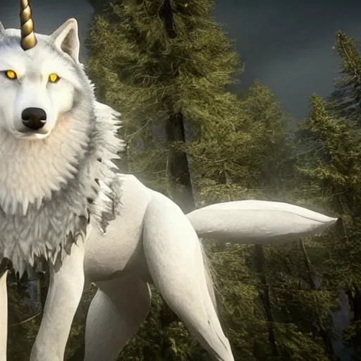 Prompt: a giant grey wolf with a white main and two unicorn horns on its head, a white star shape on his four head, yellow eyes, beautiful, ultra realistic, great wolf, unreal engine 5, dynamic lighting, highly detailed, lightning around 9