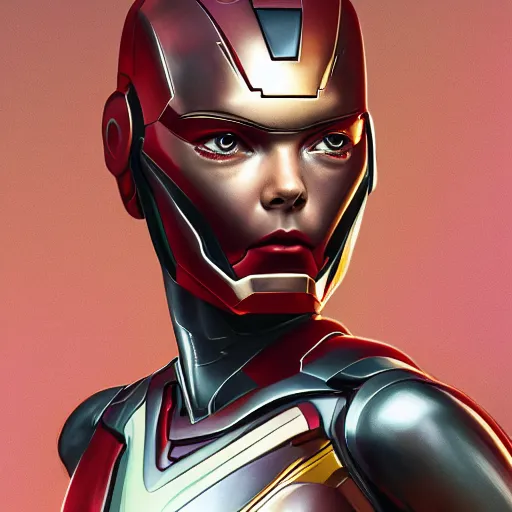 Image similar to head and shoulders portrait of modern darna, elle fanning as ironman, intricate, elegant, dark vibes, highly detailed, digital painting, artstation, glamor pose, concept art, smooth, sharp focus, illustration, art by wlop, mars ravelo and greg rutkowski