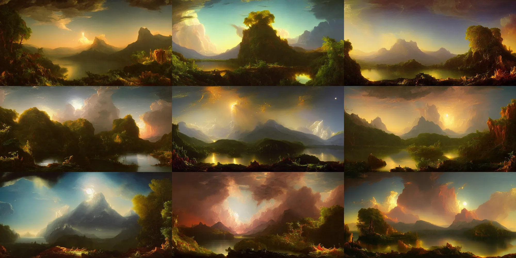 Prompt: A thomas cole naturalist style painting of a surreal nighttime dream landscape of clouds mountains nebulas forests and lakes, cinematic lighting, detailed oil painting, 8k