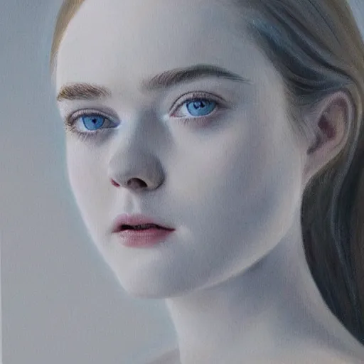 Image similar to professional painting of Elle Fanning in the style of David Ligare, head and shoulders portrait, symmetrical facial features, smooth, sharp focus, illustration, intricate, stormy weather, extremely detailed masterpiece,