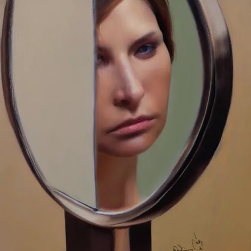 Prompt: fashion model looking in mirror, hyperrealism oil painting