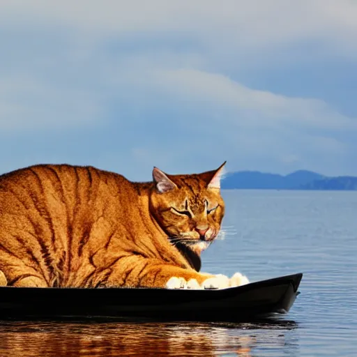 Prompt: A large cat on a small boat, funny, large island in the background, high quality,