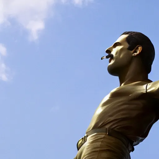 Prompt: Bronze sculpture of Freddie Mercury on the sky. Minimalism, high definition, 8k, High detail, perfect composition. Volumetric Lighting.
