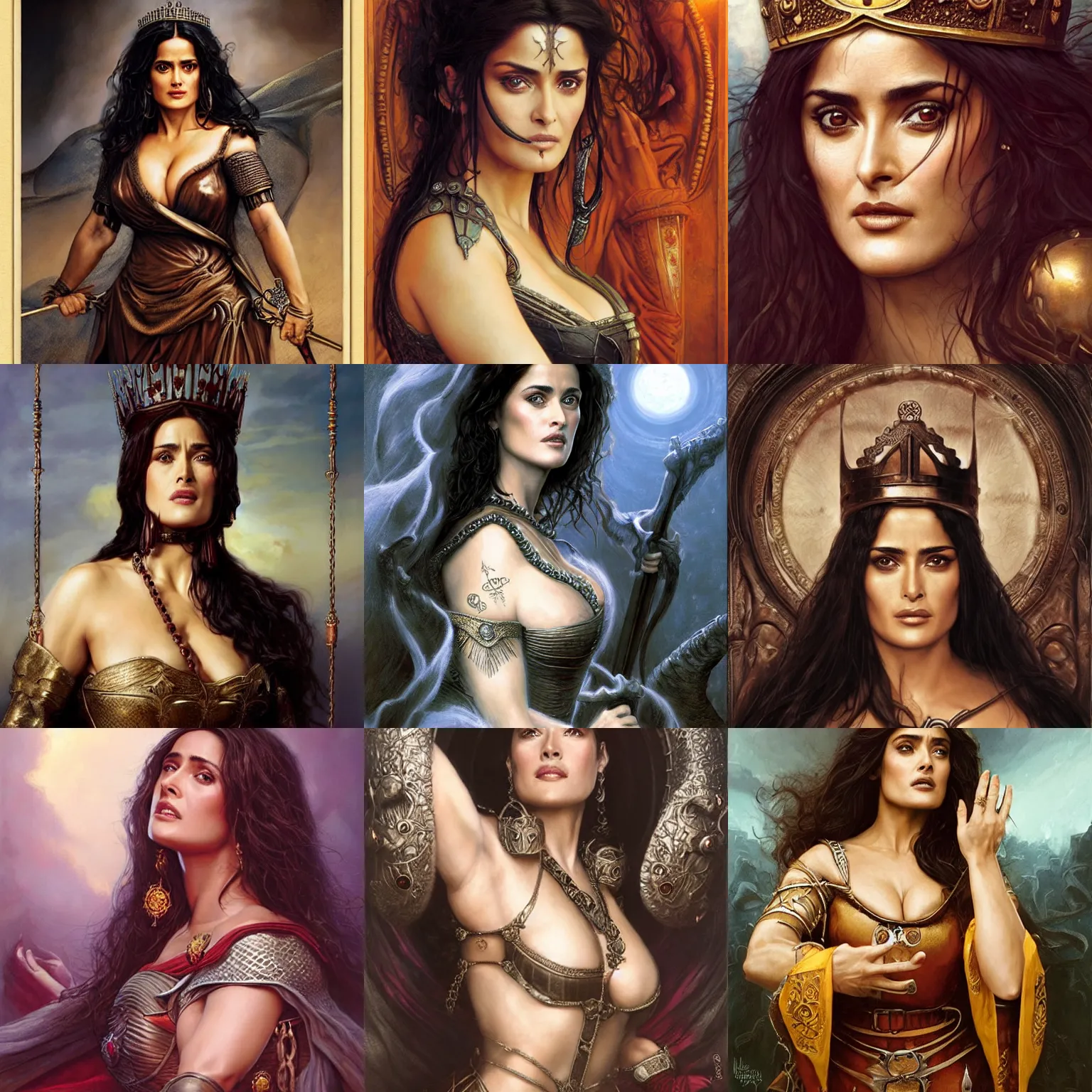 Prompt: Salma Hayek as a beautiful Medieval Queen by Gerald Brom +Mark Arian +Stanley Artgerm Lau +WLOP , extremely detailed , hyper realistic ,smooth, sharp focus