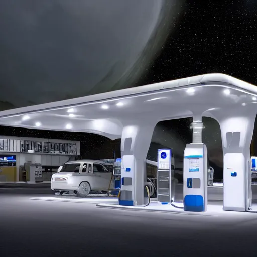 Image similar to sci - fi gas station and glowing white clean sci - fi fission power container, a sense of hope and optimism, hyper realistic, high res, 4 k, harsh light, edouard groult, bynde, kirill leonov, isaac zuren