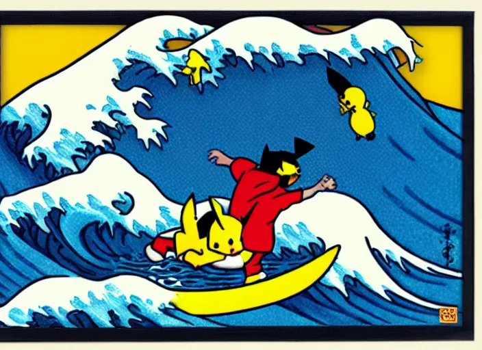 Prompt: pikachu surfing on the great wave off kanagawa