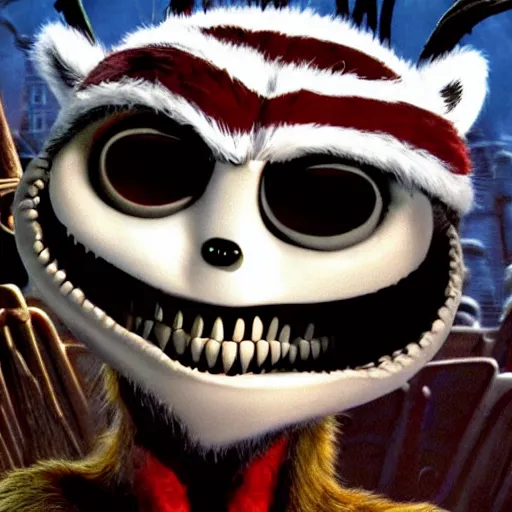 Prompt: animated film still of rocket raccoon in the nightmare before christmas, hyperrealistic, ultra realistic, realistic, highly detailed, epic, hd quality, 8k resolution, body and headshot, film still