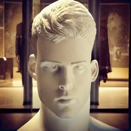 Image similar to “a realistic detailed photo of a guy who is an attractive humanoid who is half robot and half humanoid, who is a male android, actor Liam Hemsworth, shiny skin, posing like a statue, blank stare, at the museum, on display”