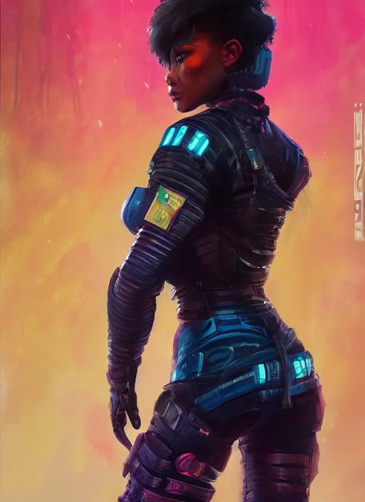 Prompt: black chun li. cyberpunk cop in tactical gear. plastic raincoat. blade runner 2 0 4 9 concept painting. epic painting by james gurney, azamat khairov, and alphonso mucha. artstationhq. painting with vivid color. ( rb 6 s, cyberpunk 2 0 7 7 )