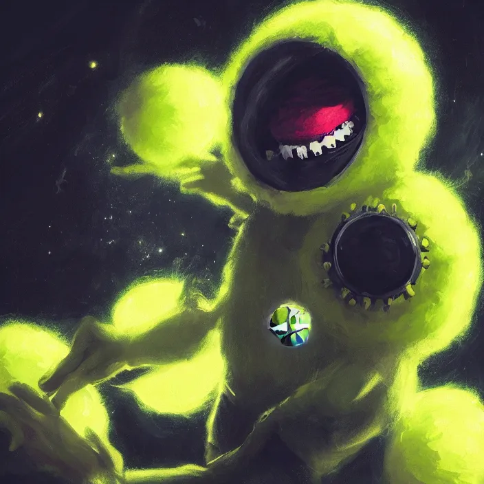 Image similar to cinematic portrait of a cute tennis ball monster in the abyss of space, chalk, masterpiece, trending on artstation, featured on pixiv, cinematic composition, dramatic pose, beautiful lighting, sharp details, hyper - detailed, hd, hdr, 4 k, 8 k, art by basil gogos